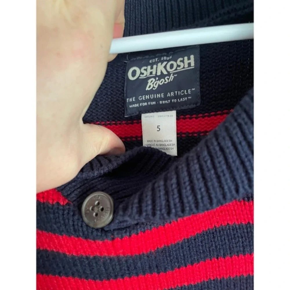 OshKosh B'gosh Boys 5 Navy Red Chunky Knit Striped Shawl Sweater Nautical Preppy